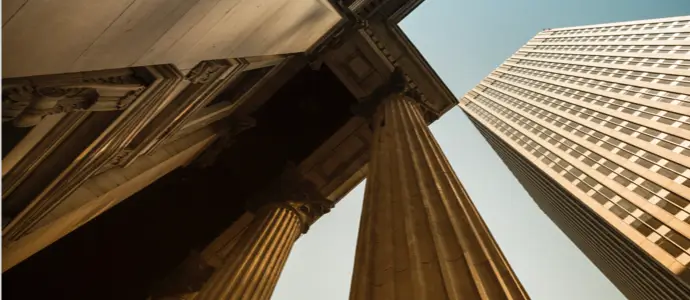 Upward view of court building columns