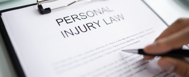 personal injury law paper on a clipboard with person holding a pen