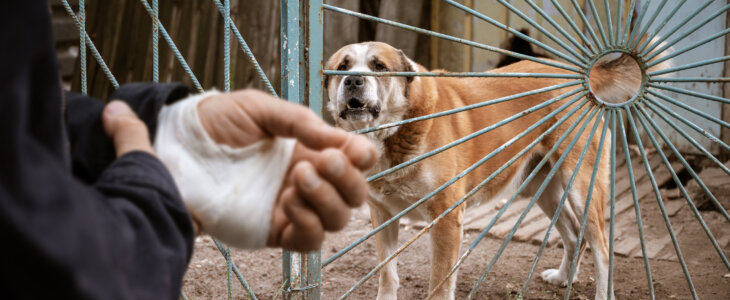The male dog Alabai bit the man's hand. Bandaged human hand after dog bite Concept of animal care and rabies prevention
